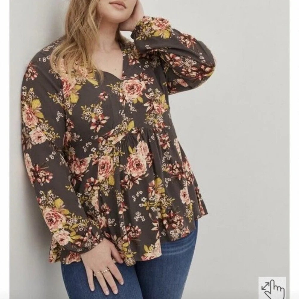 Torrid Babydoll Brown Vneck Long Sleeve Floral Gauze Top - Picture 1 of 8
